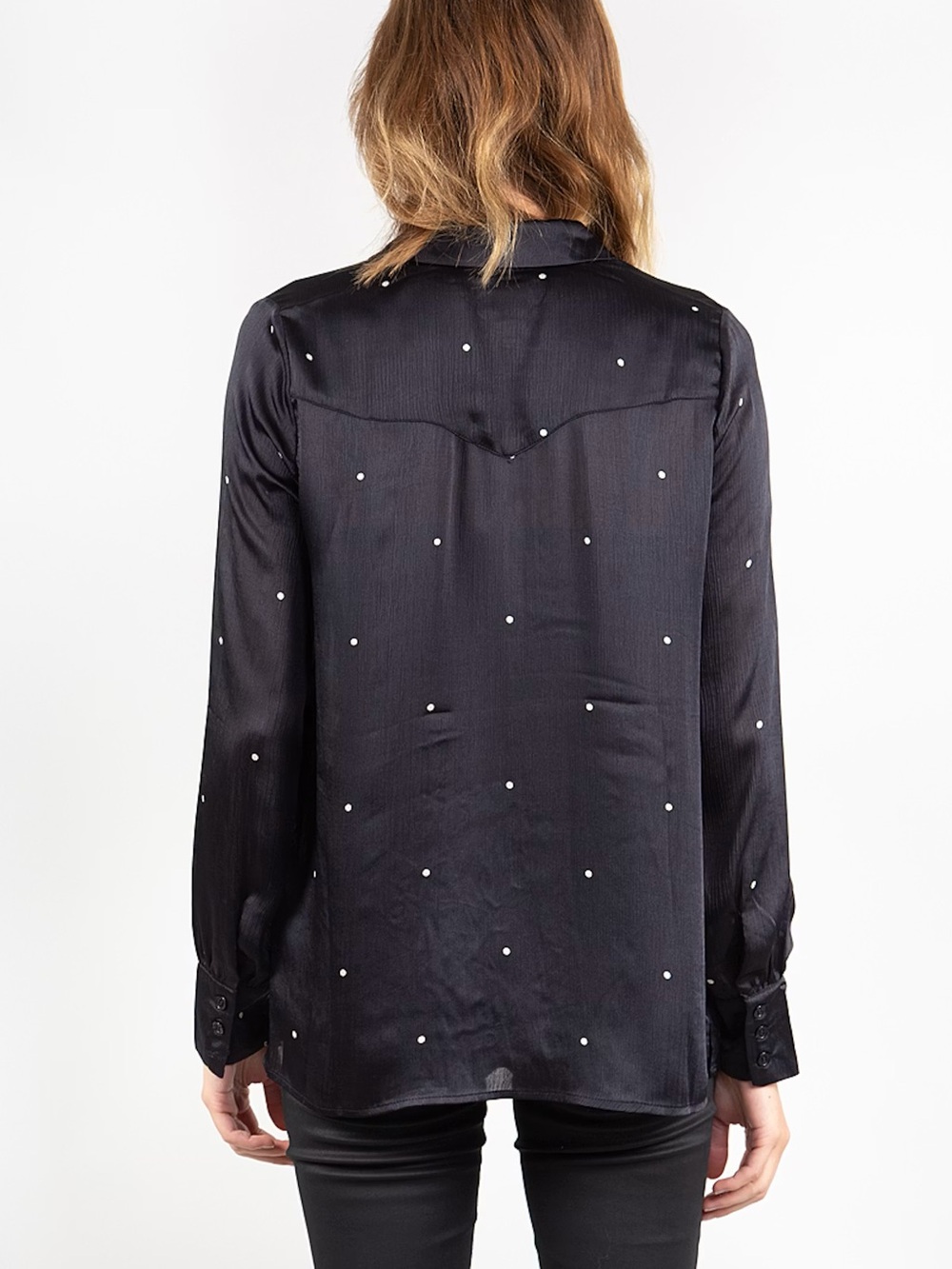 ICHI IHGAIALINE SH Long Sleeve Blouse im Black Satin with Polka Dots Size S - Picture 2 of 6